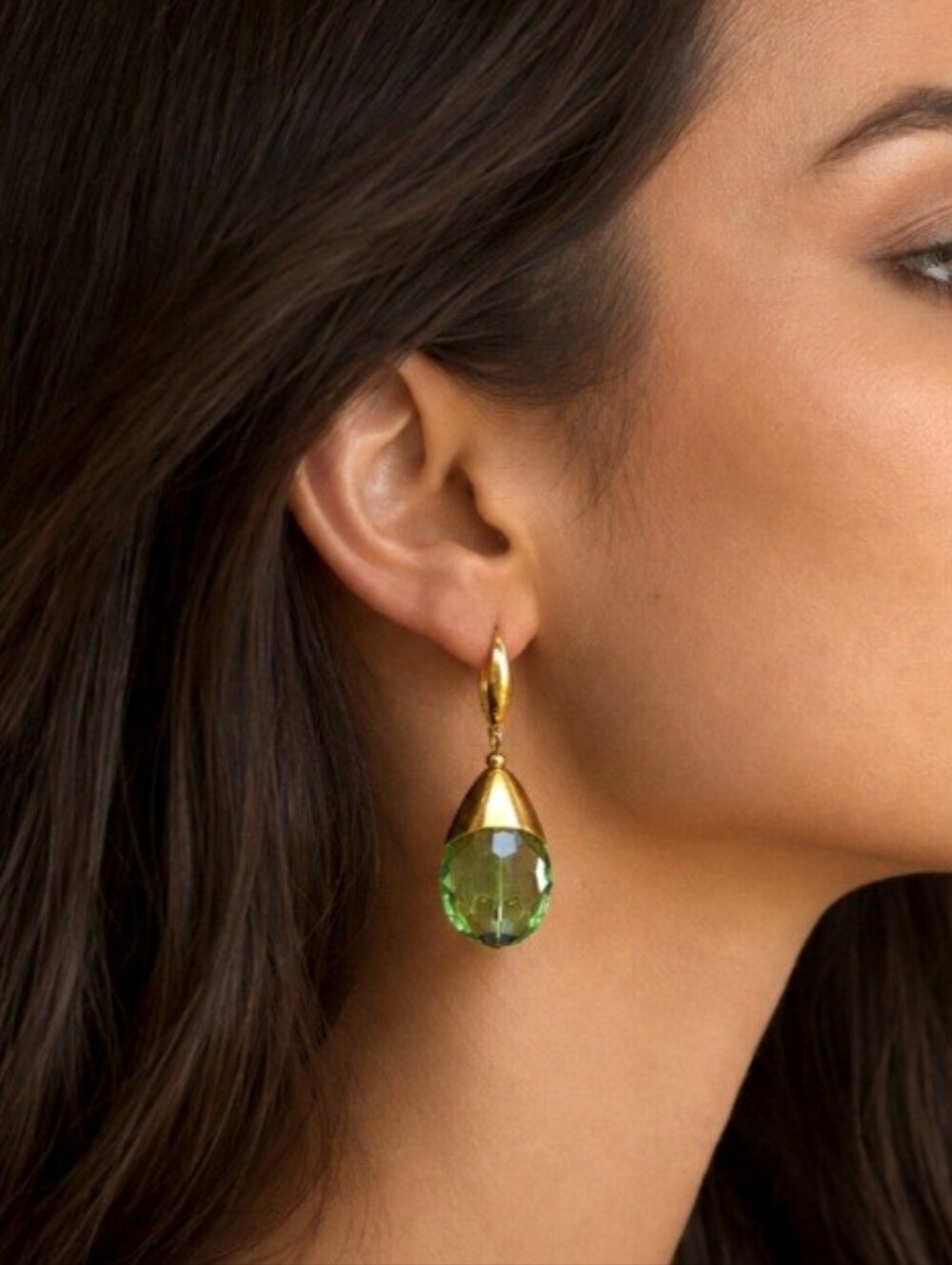 Gold Surgical Steel hypoallergenic Earrings Crystals Lime Green Teardrop